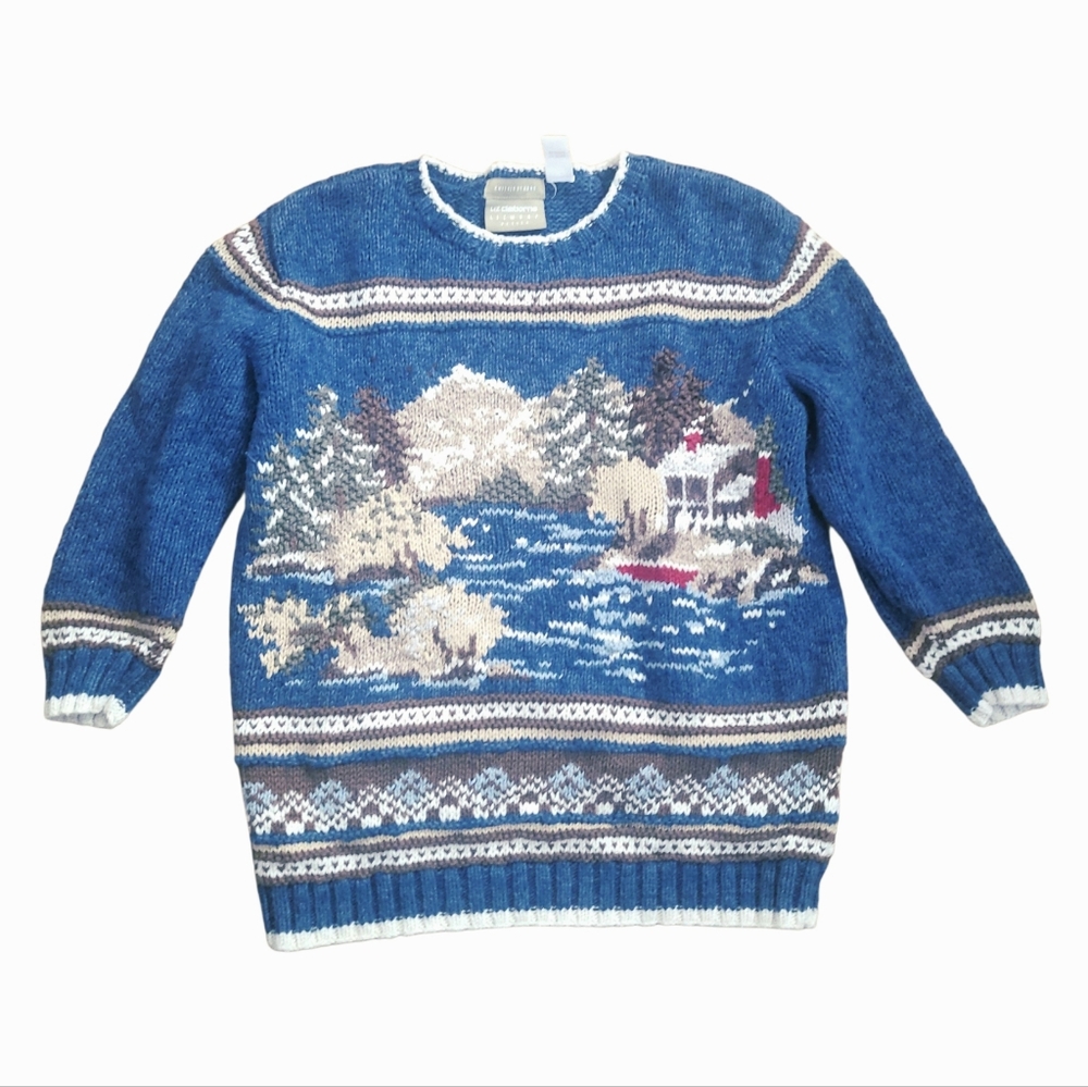 Liz Claibore Lizwear Handknit Cabincore Lake House Deer Pullover Sweater SPetite